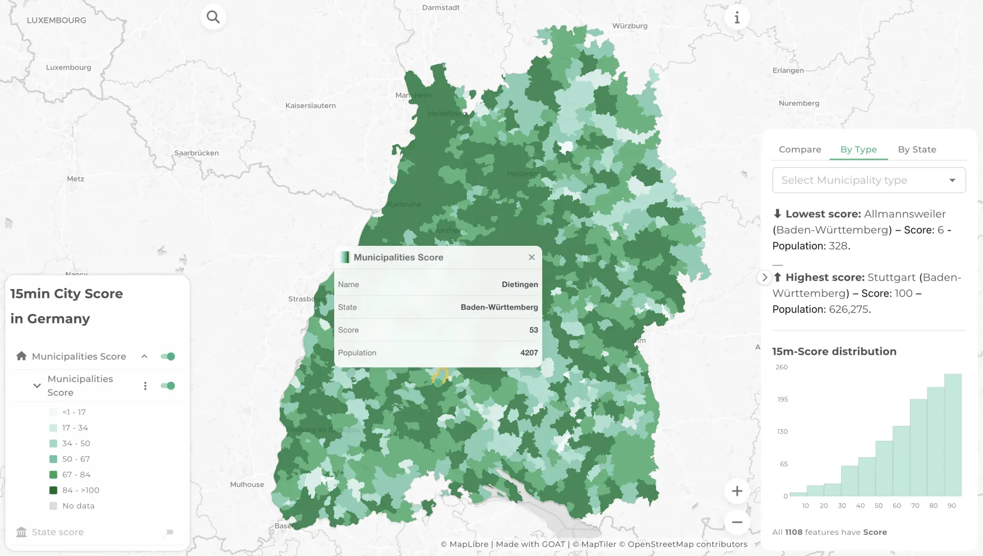 15-minute city score by municipality across Germany in GOAT