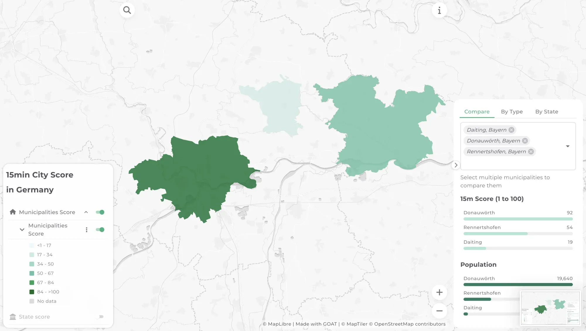 Walkability score mapped at municipality level in GOAT