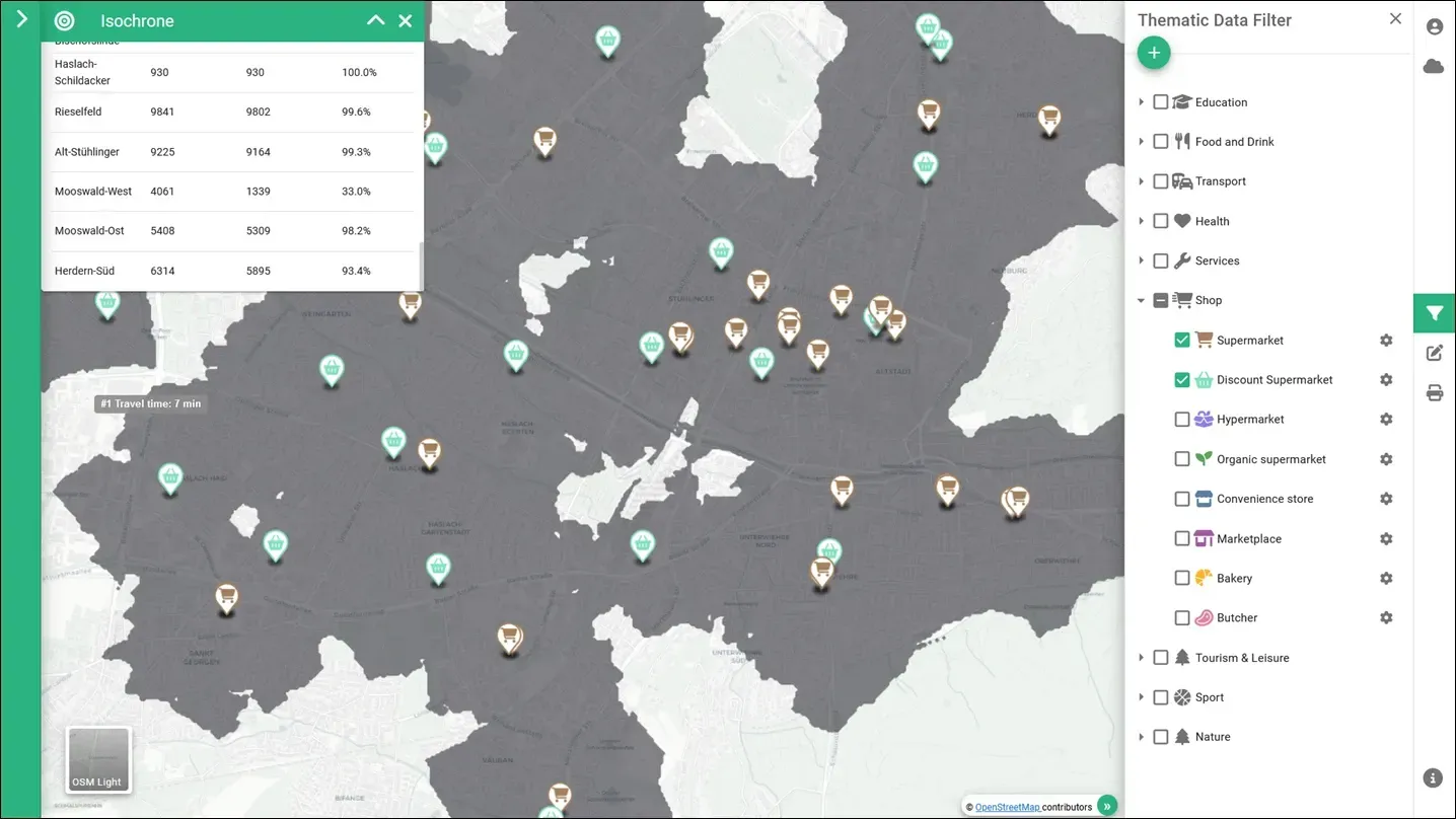 Multi-isochrones showing accessibility to supermarkets in
GOAT