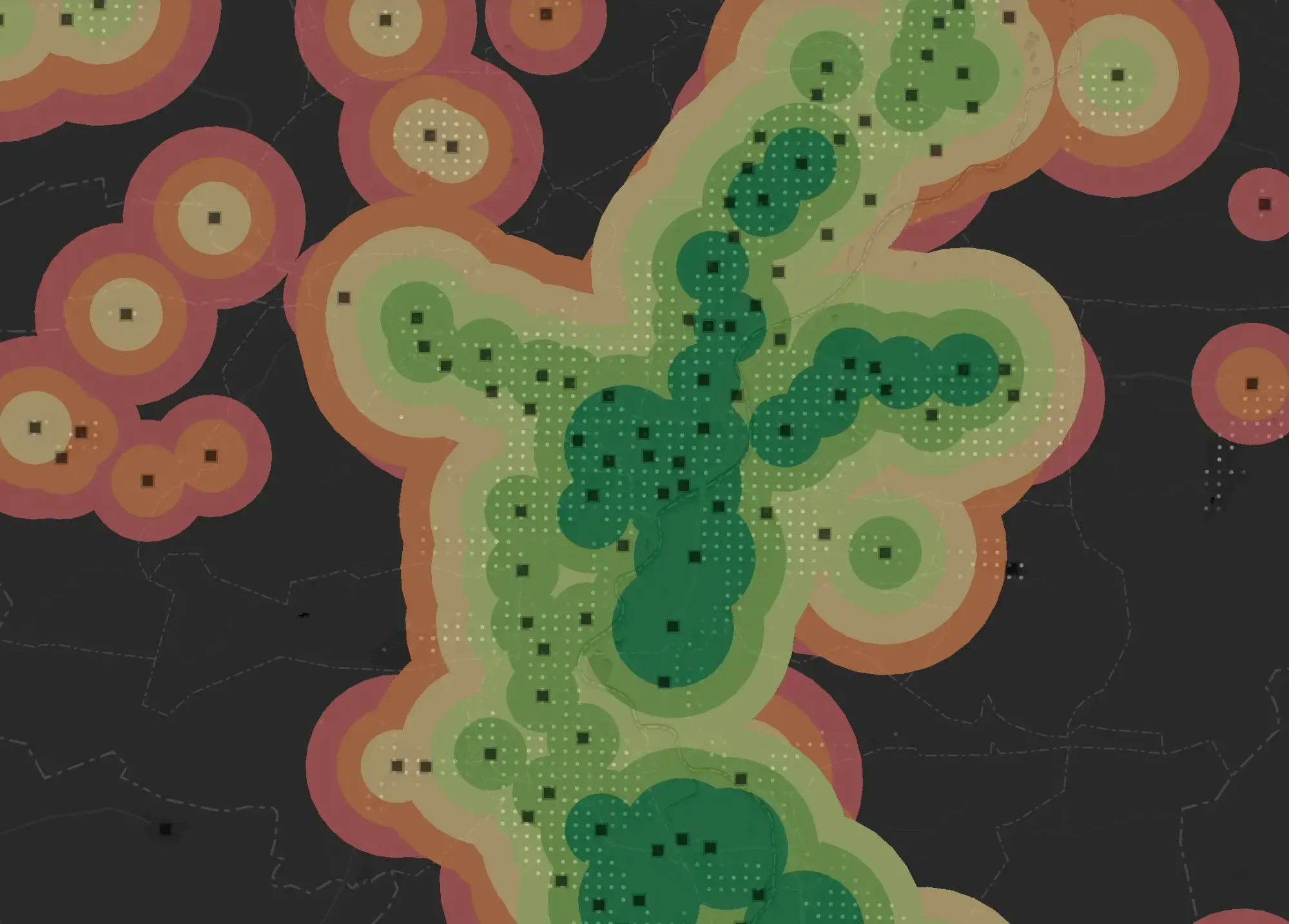 Erreichbarkeits-Heatmap mit überlappenden Einzugsbereichen um mehrere Standorte
