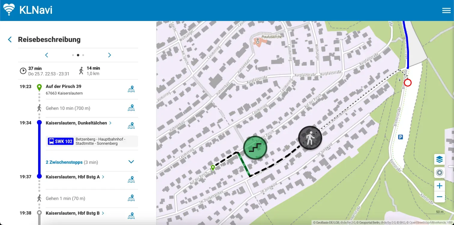 KLNavi – Mobilitätsplattform für individualisierbares multimodales Routing