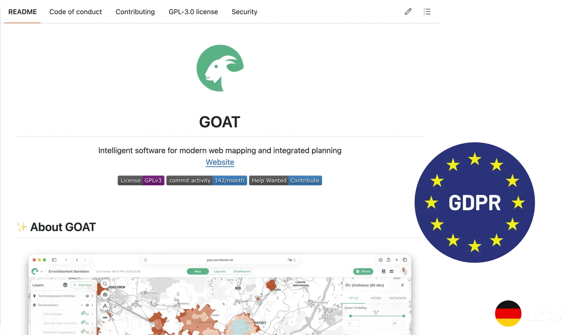 Das GitHub-README von GOAT mit der Open-Source-Lizenz GPL-3.0 sowie DSGVO- und Made-in-Germany-Kennzeichen