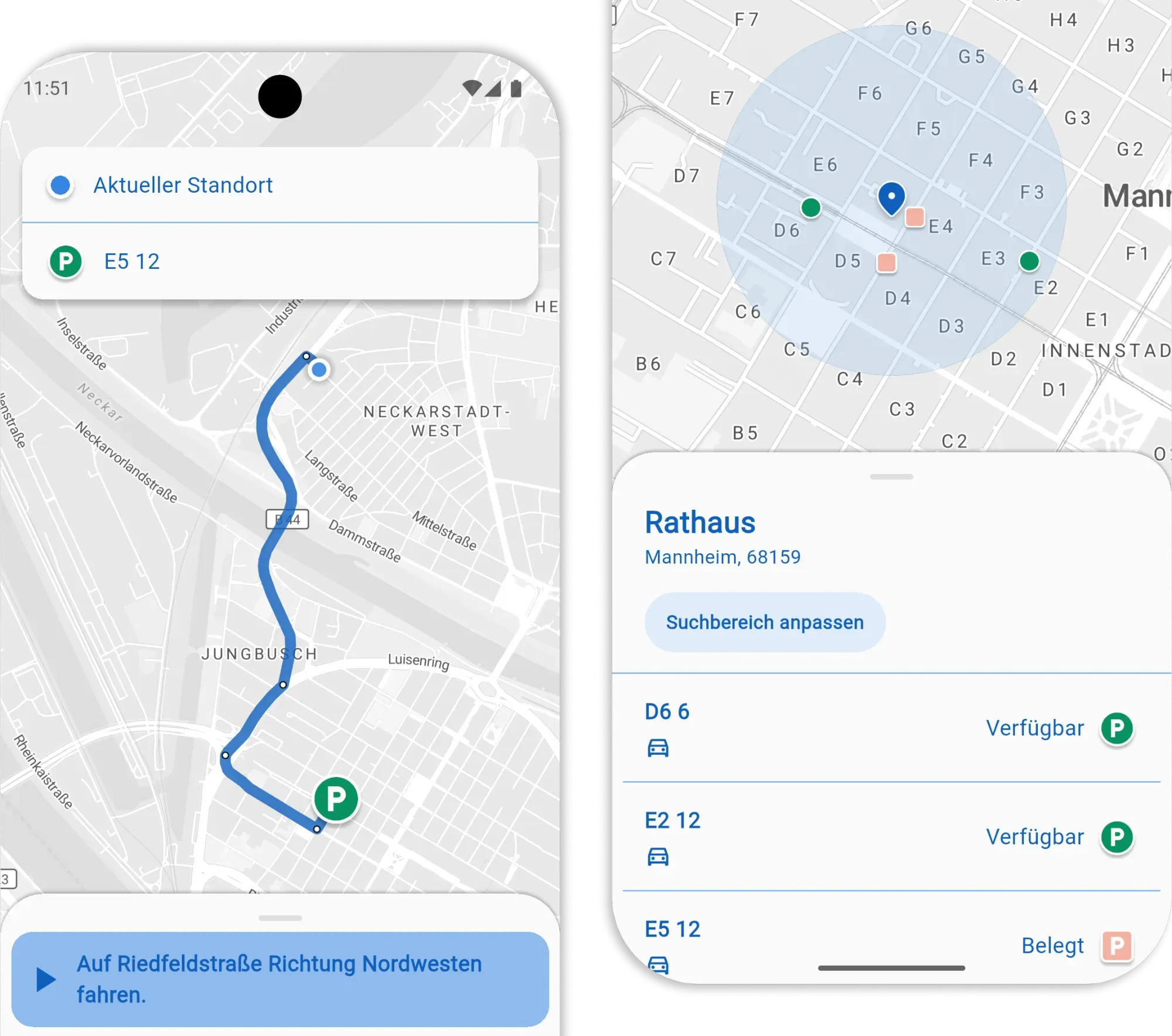 Bildschirm der appinternen Schritt-für-Schritt-Navigation von Park-Stark, der zur
Parkfläche führt