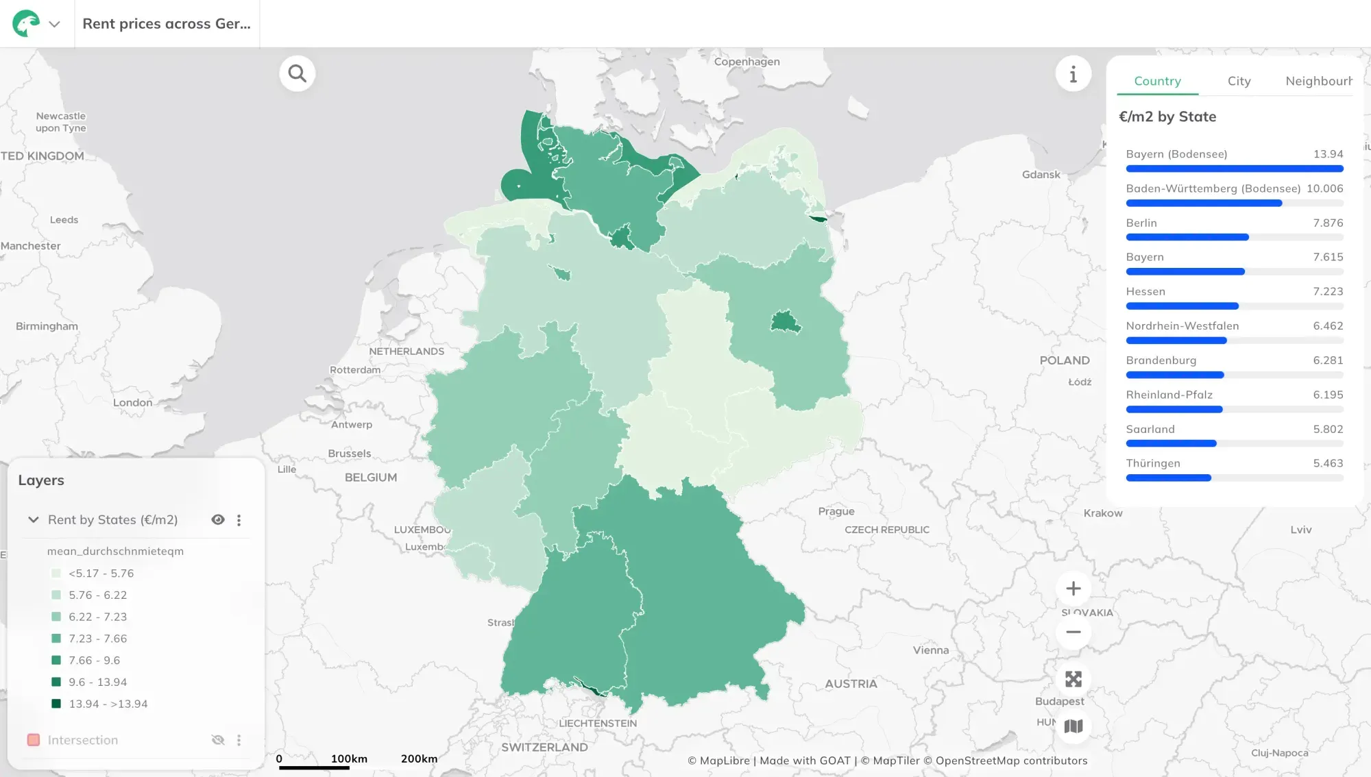 Mietpreis-Raster für Deutschland aus dem Zensus 2022 in GOAT