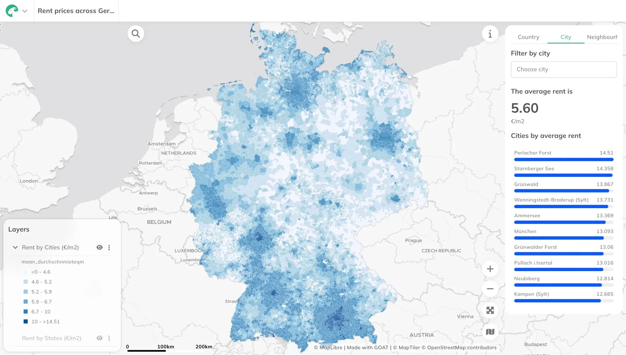 Kaltmiete pro Quadratmeter nach Region in Deutschland in GOAT