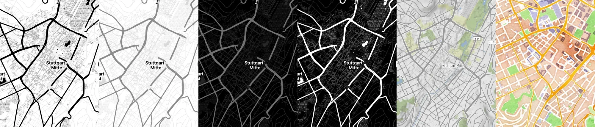 Stamen-Basiskarten-Styles bei Stadia Maps: Toner, Toner Lite, Toner Dark, Toner
Blacklite, Terrain und Watercolor