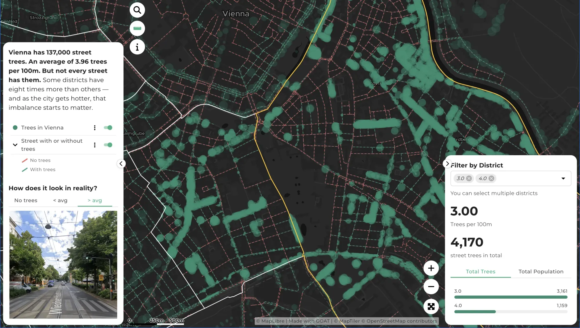 Einzelne Straßenbäume mit Größe und Kronenabdeckung in Wien
